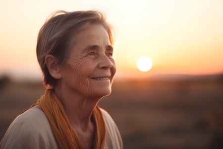 Portrait of a happy senior woman smiling in the countryside at sunsetの素材