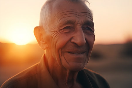 Portrait of an elderly man on a background of the setting sunの素材