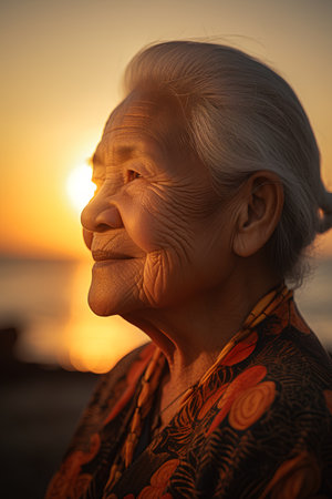 Portrait of an elderly Asian woman at sunset on the beach.の素材