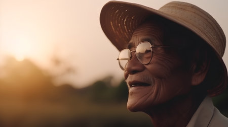 Portrait of senior asian woman wearing hat and glasses at sunsetの素材
