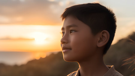 Portrait of a young boy in front of the sunset background.の素材