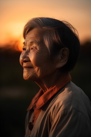 Portrait of an elderly asian woman in the sunset light.の素材