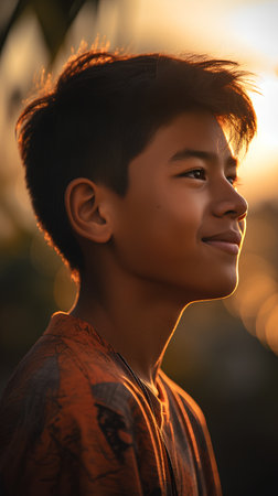 Portrait of a young asian man in the sunset light.の素材