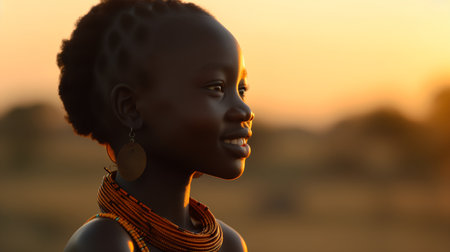 Beautiful young African woman with necklace and earrings in the sunsetの素材