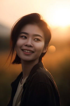 Portrait of a beautiful young asian woman in the sunset.の素材
