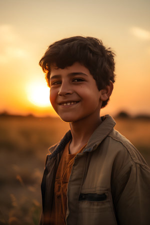 Portrait of indian little boy smiling at camera at sunset.の素材