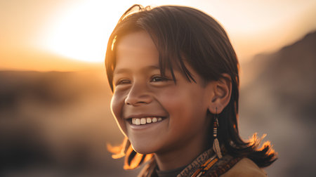 Portrait of a little girl smiling and looking at the camera during sunsetの素材