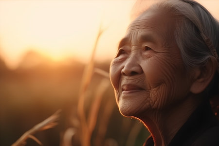 Portrait of an elderly asian woman smiling in the sunset.の素材