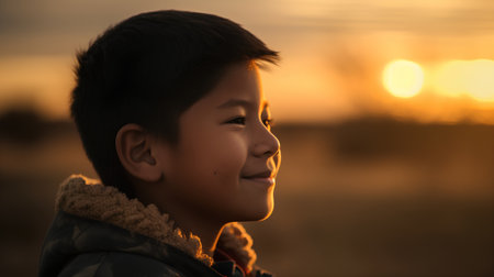 Portrait of a young boy looking at the camera on sunset backgroundの素材