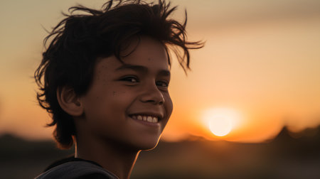 Portrait of a little boy on sunset background. Happy child outdoors.の素材