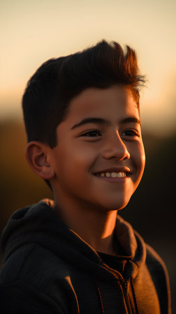 Portrait of a young asian boy in the sunset light.の素材