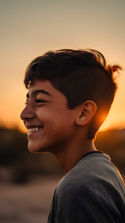 Portrait of a young asian boy smiling in the sunset.の素材