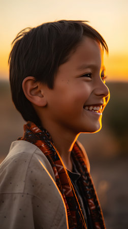 Portrait of a smiling little boy at sunset in the countryside.の素材
