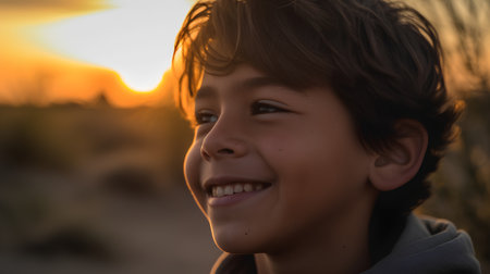 Close-up portrait of a boy on a background of the setting sunの素材
