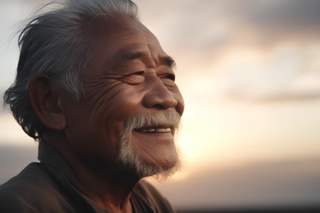 Portrait of an old man smiling in the sunset, asianの素材