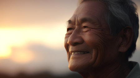 Portrait of a senior Asian man looking at the camera at sunsetの素材