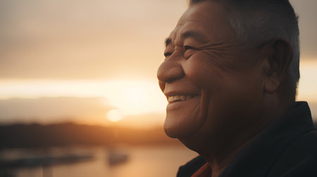 Portrait of happy senior Asian man smiling and looking at sunset.の素材