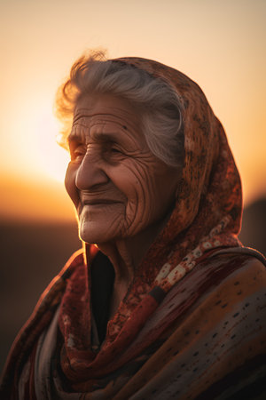 Portrait of an elderly woman with a shawl at sunsetの素材