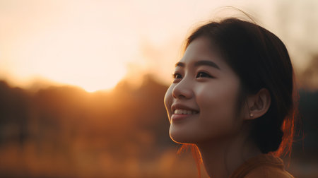 Portrait of beautiful asian woman smile with nature background at sunsetの素材