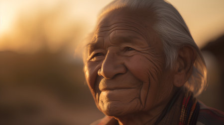 Portrait of old asian woman looking at camera with sunset.の素材