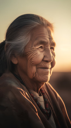 Old asian woman with long hair in the sunset light. Vintage tone.の素材