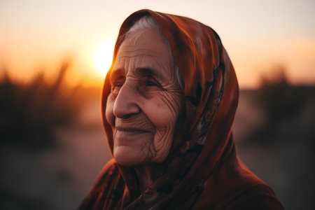 Portrait of an old muslim woman in the desert at sunsetの素材
