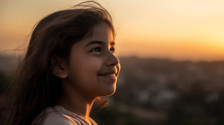 Portrait of beautiful little girl looking at the sunset over the cityの素材