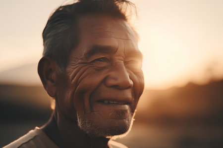 Portrait of a smiling senior man on the beach at sunset.の素材
