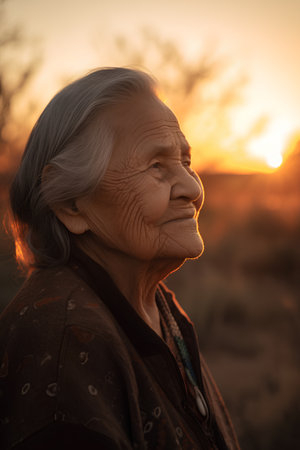 Portrait of an elderly woman at sunset in the desert. Selective focus.の素材