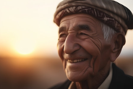 Portrait of an elderly Indian man smiling at the camera outdoors.の素材