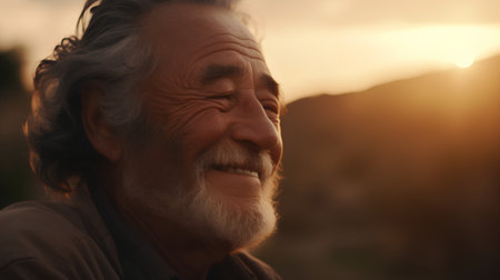 Close up of a senior man with grey hair and beard looking away in the sunsetの素材