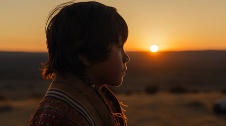 Silhouette of a boy in the middle of the desert at sunsetの素材