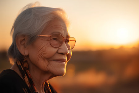 Portrait of an elderly woman with glasses against the background of the sunsetの素材