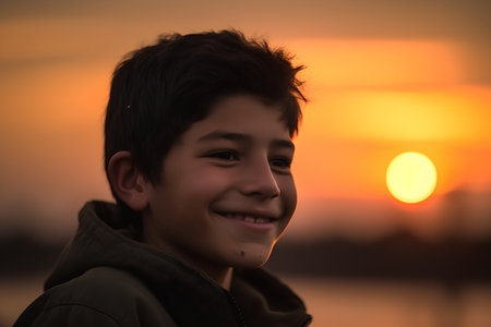 Portrait of a young boy on the sunset background. Shallow DOF.の素材