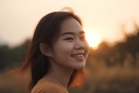 Portrait of a beautiful young asian woman smiling outdoors at sunsetの素材