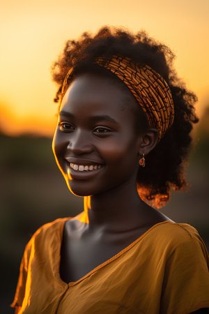Portrait of a beautiful young African woman with afro hairstyle in a yellow shirt.の素材