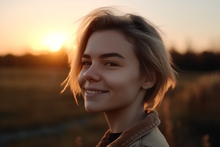 Portrait of a young woman on the background of the setting sunの素材