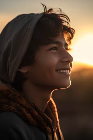 Portrait of a young asian man smiling and looking at the sunsetの素材