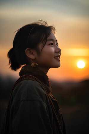 Portrait of beautiful young asian woman smiling and looking at the sunset.の素材