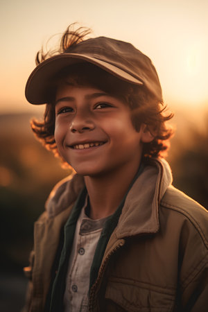 Portrait of a smiling boy in a cap on the background of the sunsetの素材