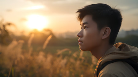 Portrait of young asian man standing in rice field at sunsetの素材