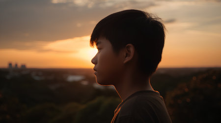 silhouette of a boy looking at the sunset on a background of the cityの素材