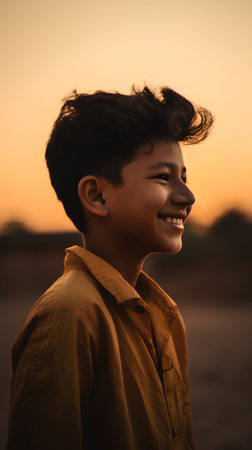 Portrait of a boy in a yellow raincoat smiling at sunsetの素材