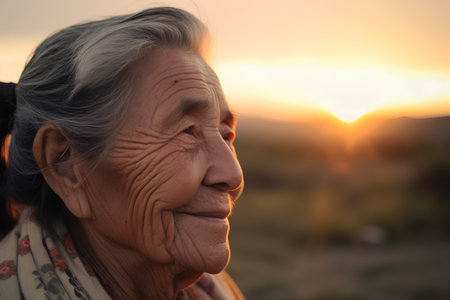 Portrait of a senior asian woman looking at sunset in the countrysideの素材