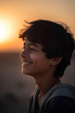 Portrait of a young boy on the beach at sunset. Shallow depth of field.の素材