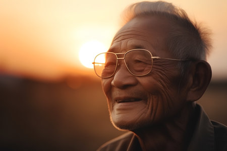 Portrait of a senior asian man with glasses at sunset.の素材