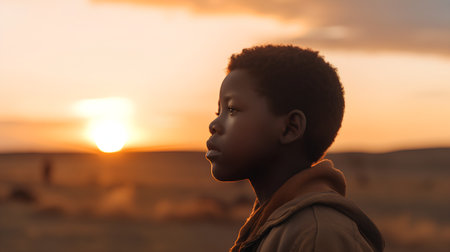 Beautiful african american boy looking away on sunset background.の素材