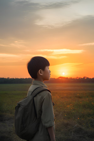 Back view of asian boy with backpack standing in the field at sunsetの素材