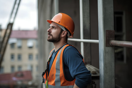 Portrait of a young male engineer in an orange helmet on a construction siteの素材