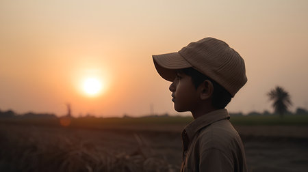 Silhouette of a boy in the rice field at sunset.の素材